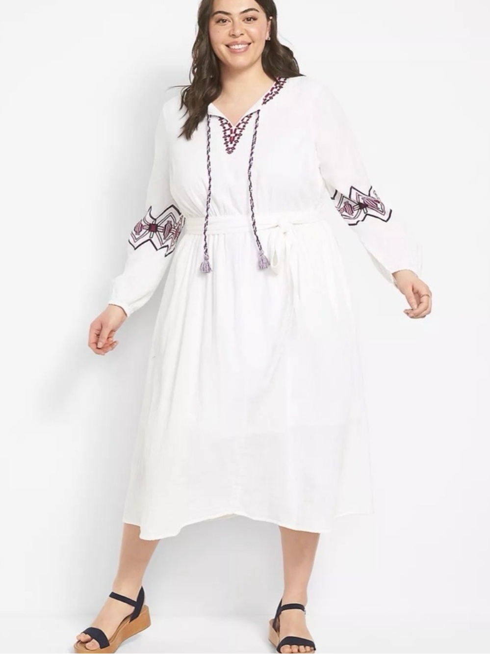 Lane Bryant White Embroidered Cotton Midi Dress with Purple Accents